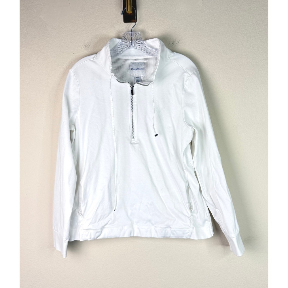 Tommy Bahama Pullover Womens L White 1/4 Zip Pima Cotton Mock Neck Preppy